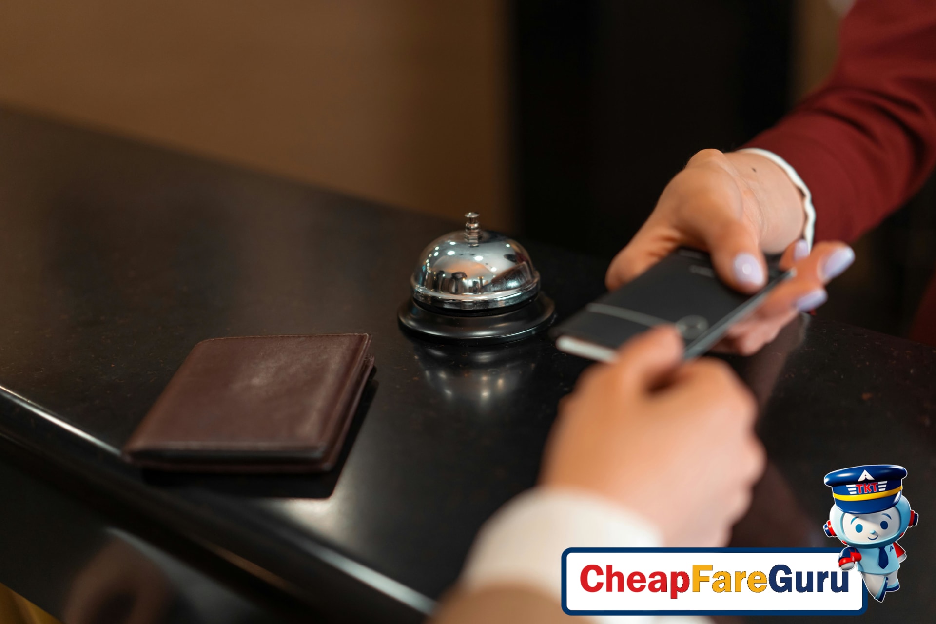 Woman reading hotel cancellation policy at hotel front desk