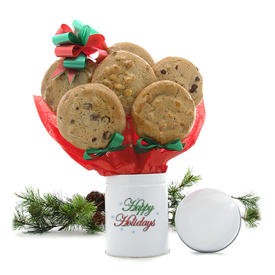Happy Holiday Tin Cookie Bouquet - 6 or 12 Gourmet Cookies