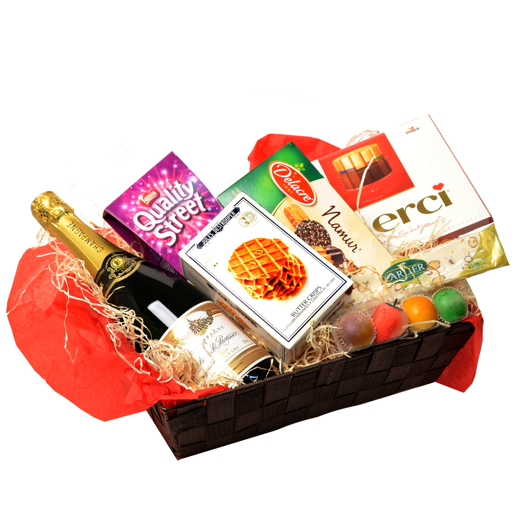 Gift basket for candy lovers with Champagne