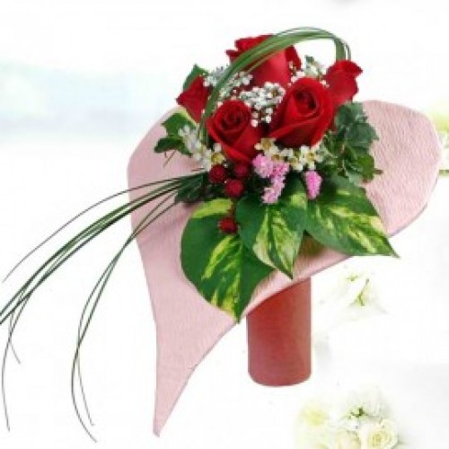 Money Plant Foliage & Red Roses Heart Shape Bouquet