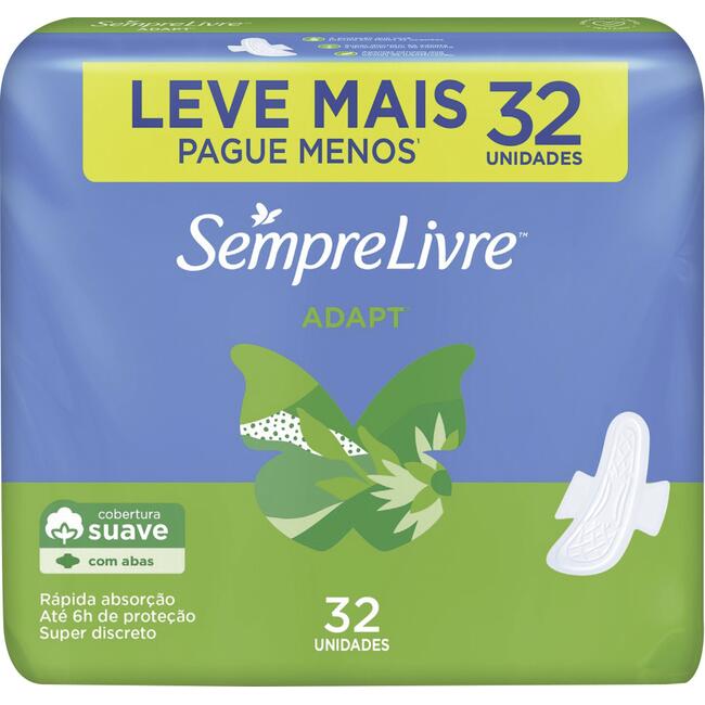 Absorvente Sempre Livre Adapt Suave com abas Pacote com 32 unidades