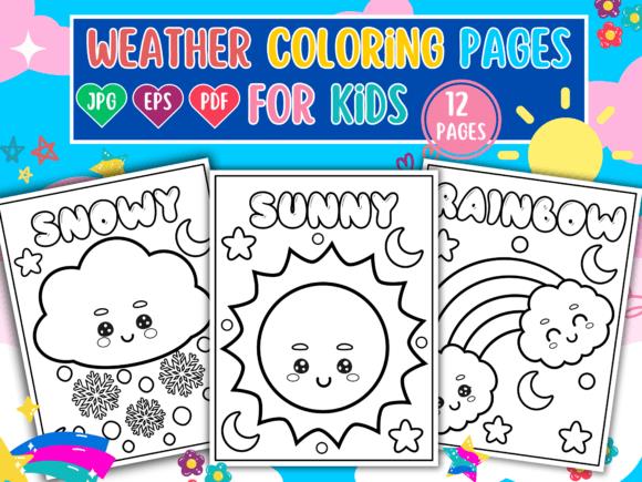 Weather Coloring Pages for Kids featuring snowy, sunny, and rainbow themes