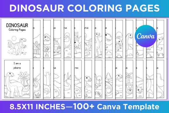 Dinosaur coloring pages grid with 20 different illustrations