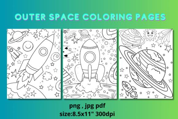 Outer Space Coloring Pages featuring rockets, planets, and celestial elements