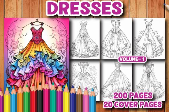 Dresses coloring book cover featuring vibrant illustrations and design tools