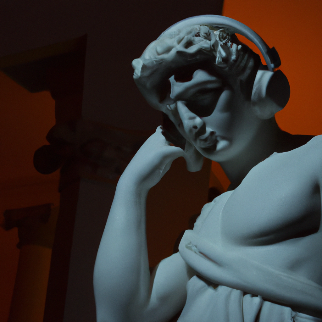 A photo of Michelangelo's sculpture of David wearing headphones djing