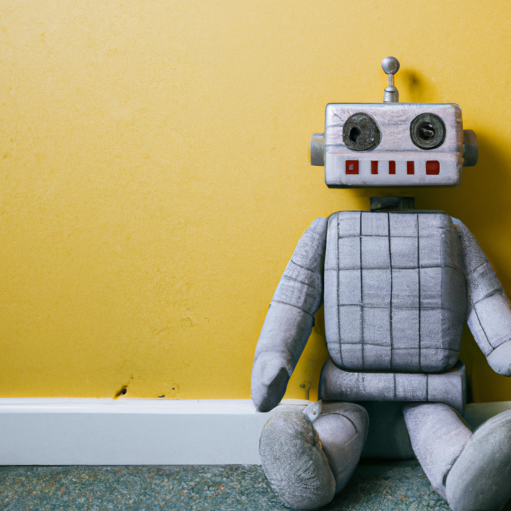 A plush toy robot sitting against a yellow wall