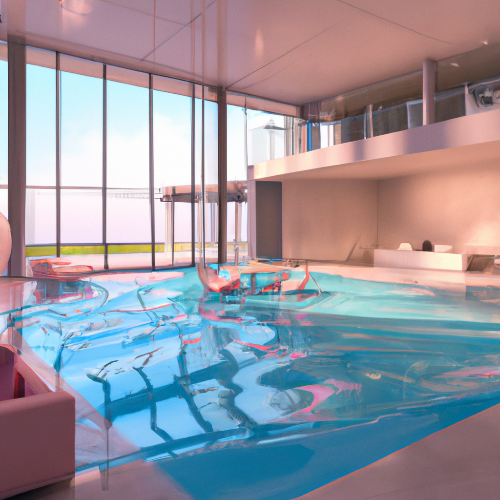 a sunlit indoor lounge area with a pool with clear water and another pool with translucent pastel pink water, next to a big window, digital art
