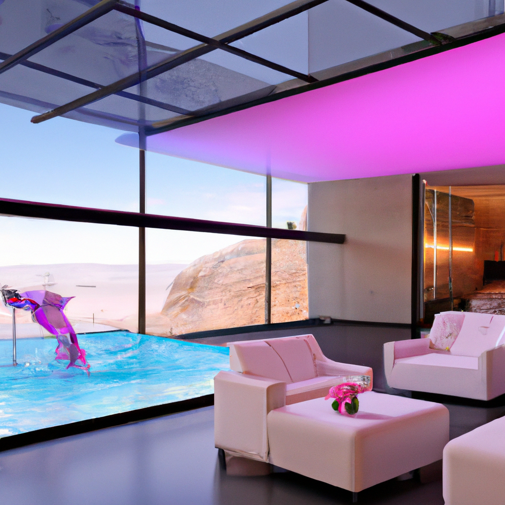 a sunlit indoor lounge area with a pool with clear water and another pool with translucent pastel pink water, next to a big window, digital art
