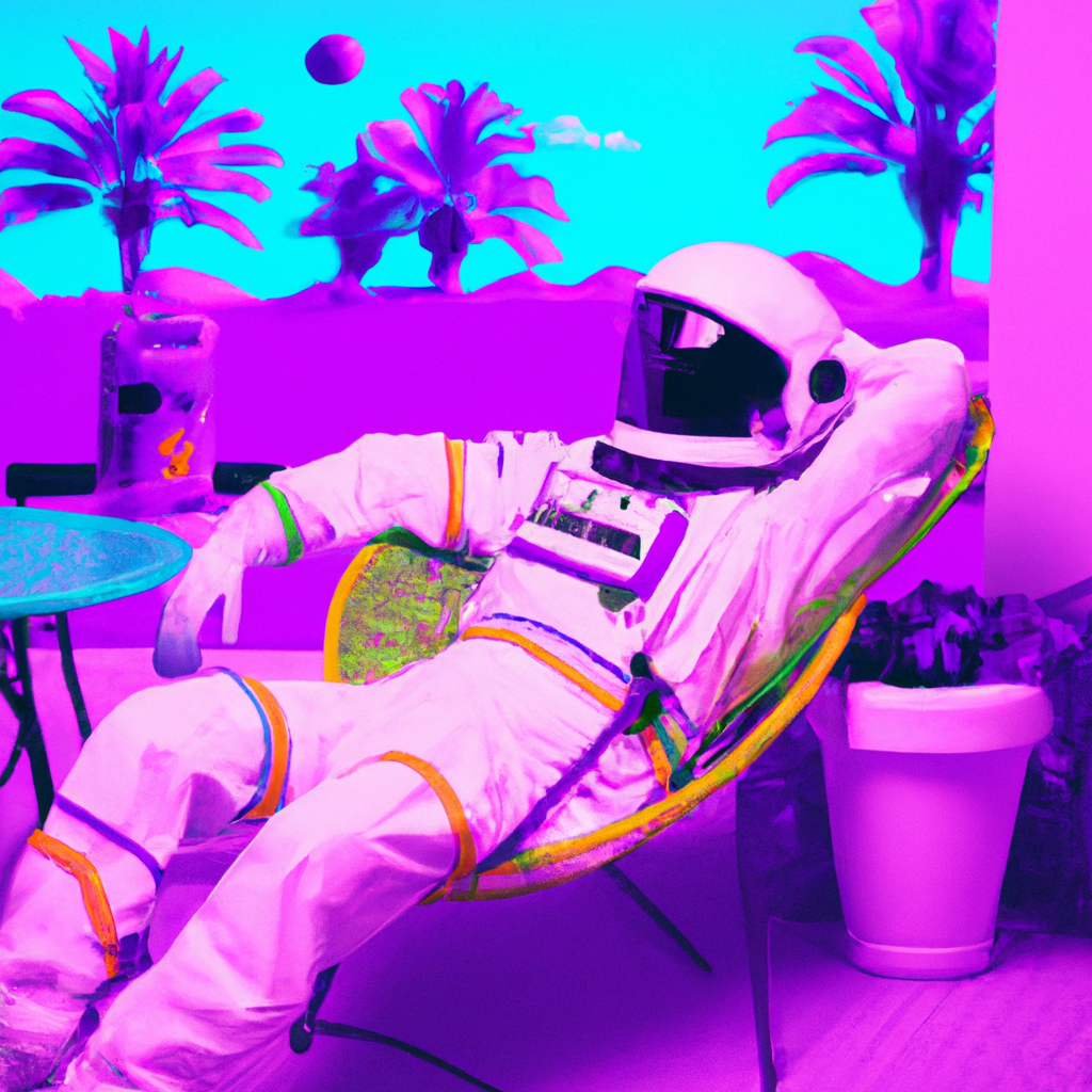 an astronaut lounging in a tropical resort in space, vaporwave