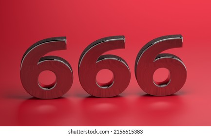 number 666 made of steel on a red background. 3D render.