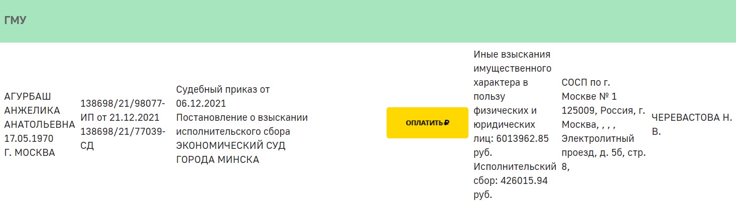 Скриншот базы данных исполнительного производства РФ