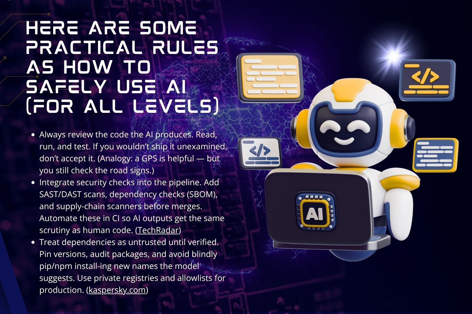 Practical rules as how to safely use AI  in web development