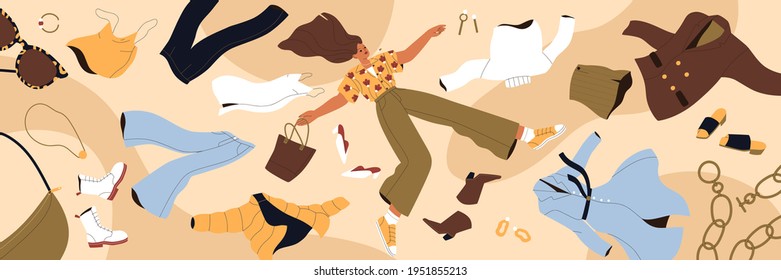 Woman shopaholic flying among clothes. Fast fashion, consumerism and overconsumption concept. Young lady with apparel, garment, purchases around. Colored flat vector illustration of wide banner