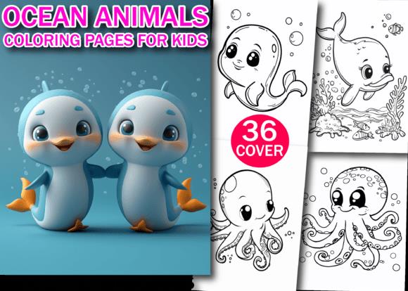 Ocean Animals Coloring Book Cover featuring penguins, dolphin, octopus, and whale