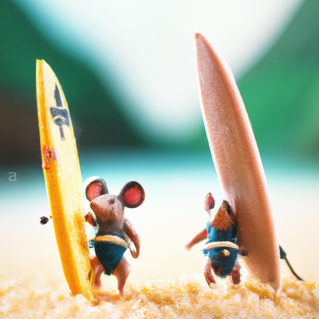a macro 35mm photograph of two mice in Hawaii, they're each wearing tiny swimsuits and are carrying tiny surf boards, digital art