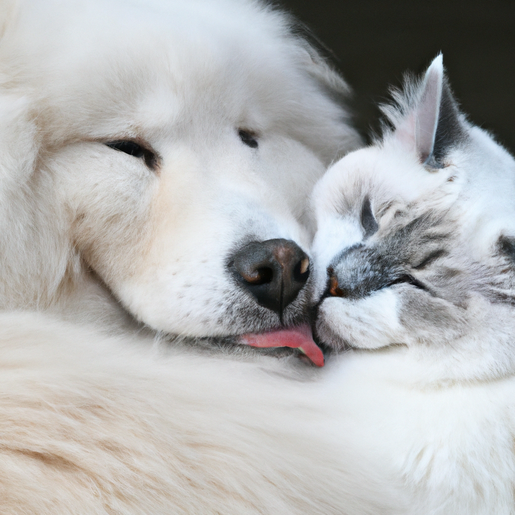 A photo of a Samoyed dog with its tongue out hugging a white Siamese cat