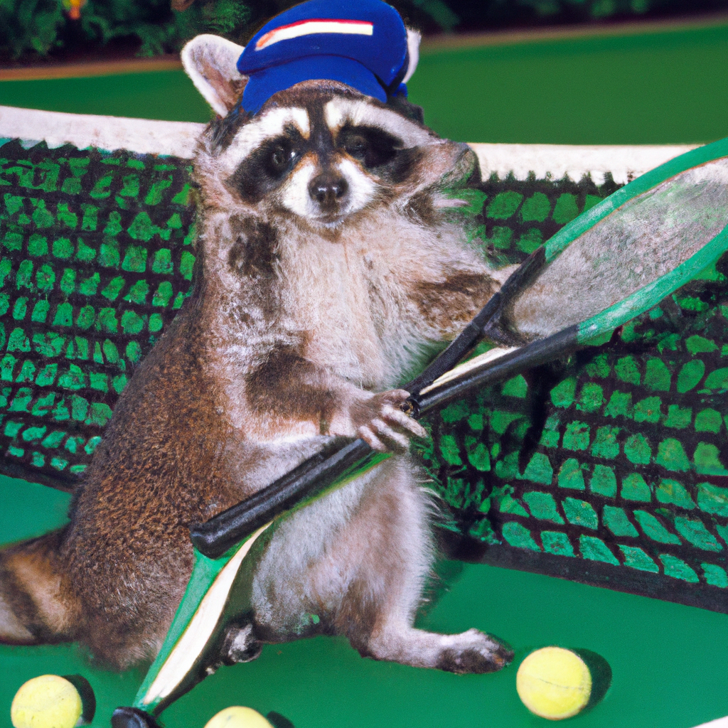 A raccoon playing tennis at Wimbledon in the 1990s
