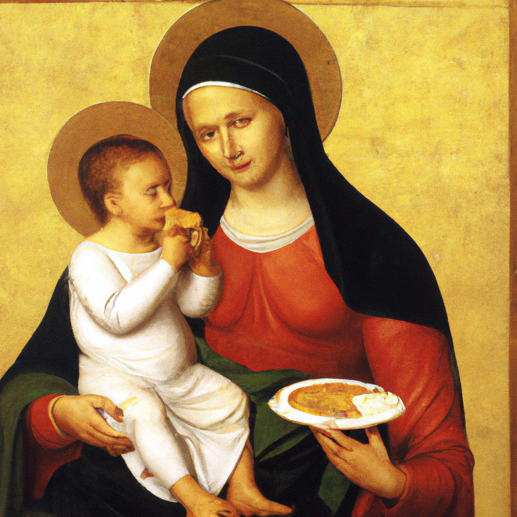 A Raphael painting of a Madonna and child, eating pizza.