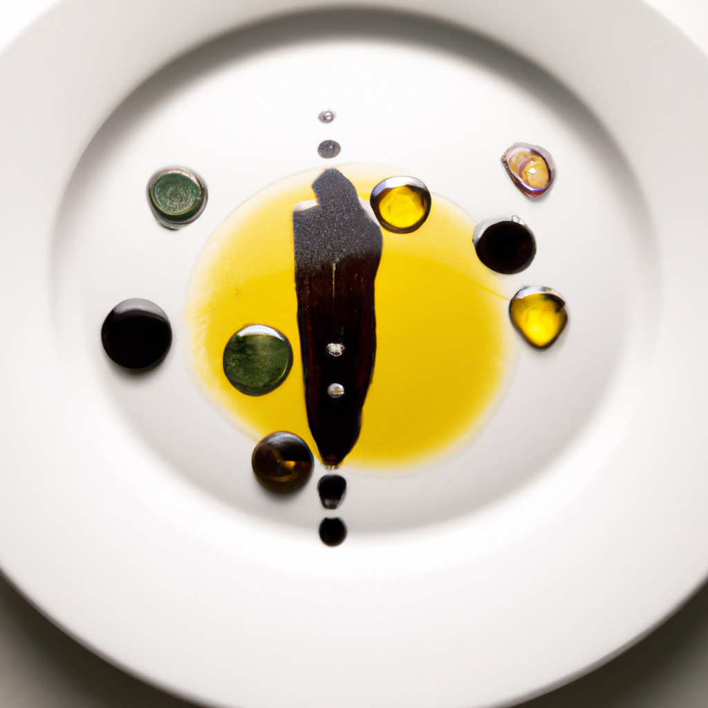 Olive oil and vinegar drizzled on a plate in the shape of the solar system