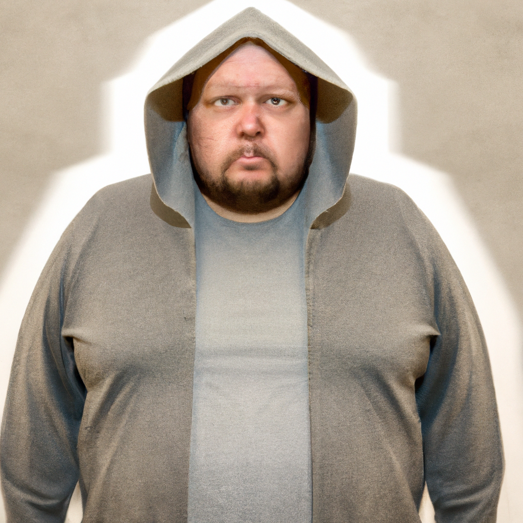 A realistic photo of a 30 year old overweight boy with with a hoodie on going over his head. With an echo effect going outwards