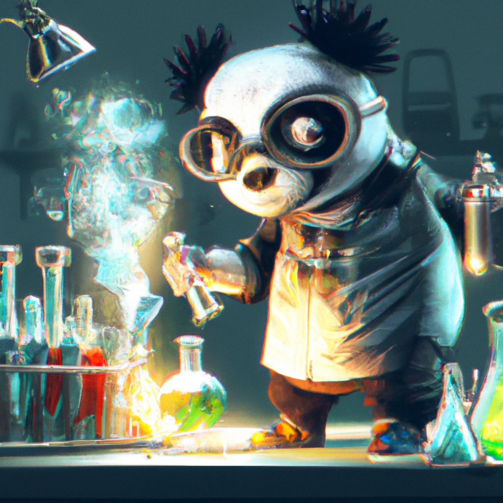 panda mad scientist mixing sparkling chemicals, digital art