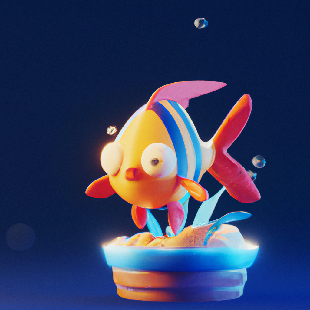 3D render of a cute tropical fish in an aquarium on a dark blue background, digital art