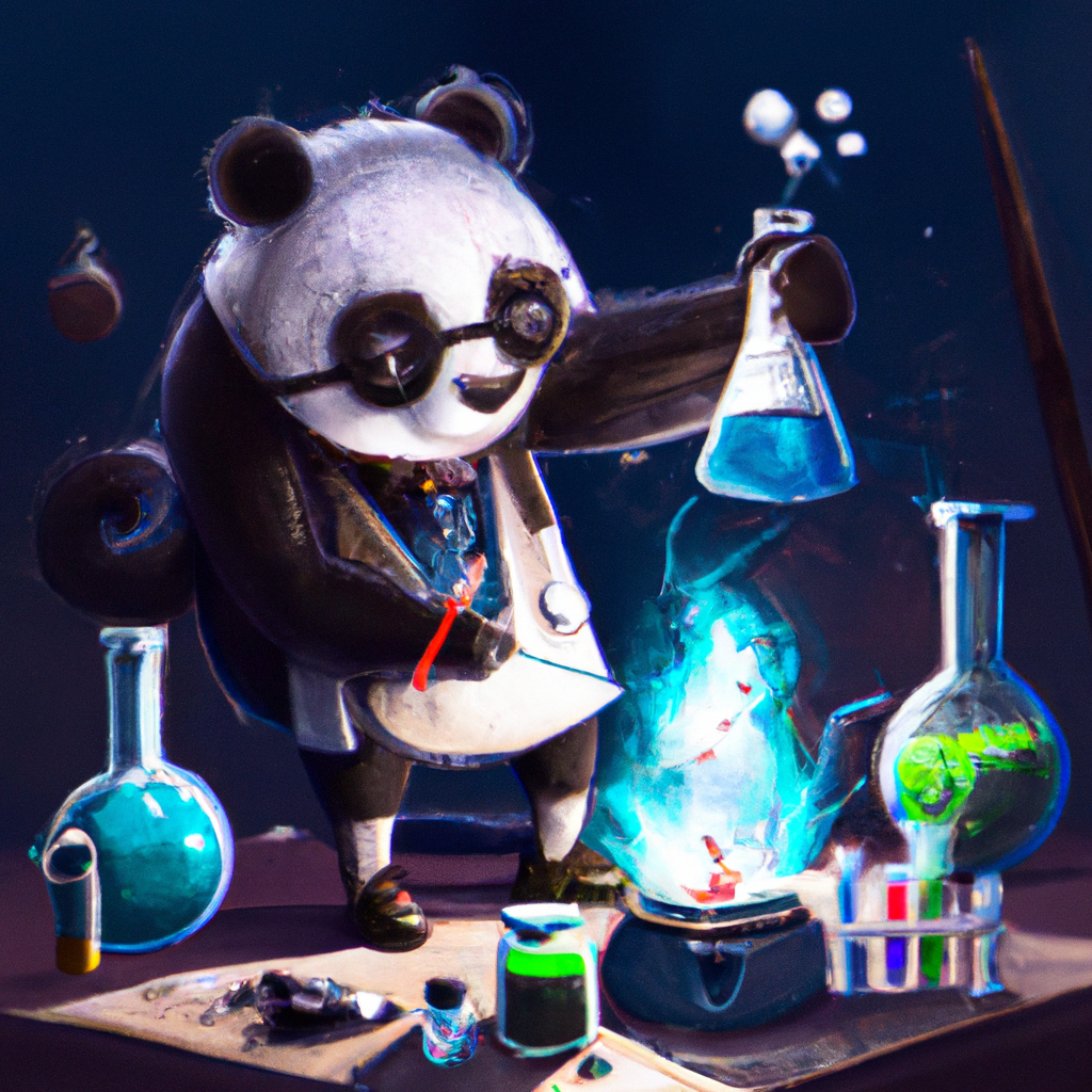 panda mad scientist mixing sparkling chemicals, digital art