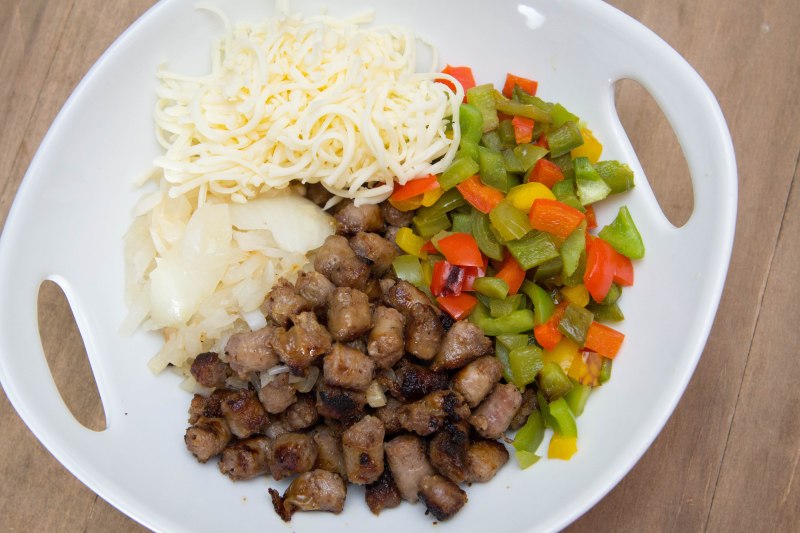 Breakfast sausage, bell peppers, Monterrey jack cheese