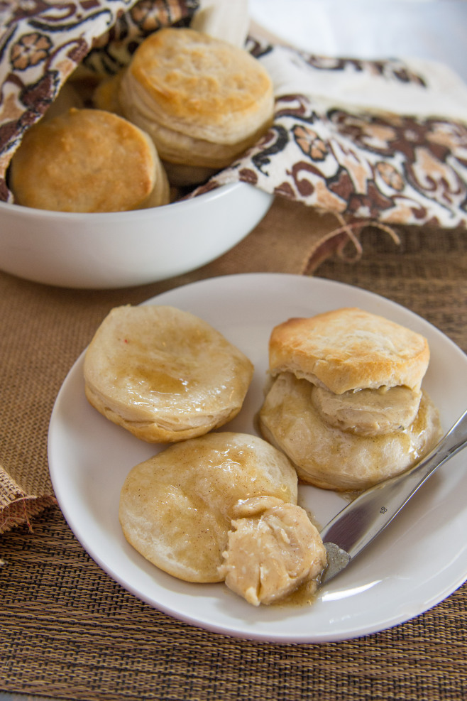Biscuits with vanilla honey cinnamon butter and maple cardamom butter