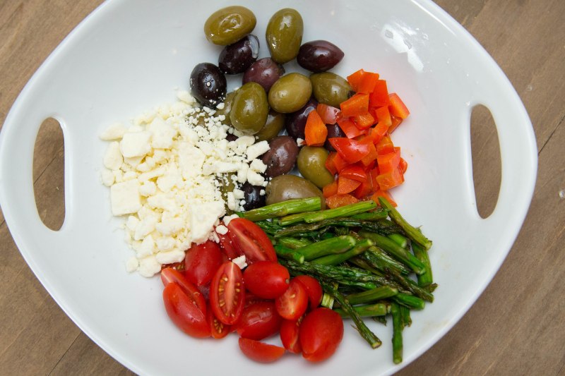 Red peppers, black olives, feta, cherry tomatoes, asparagus