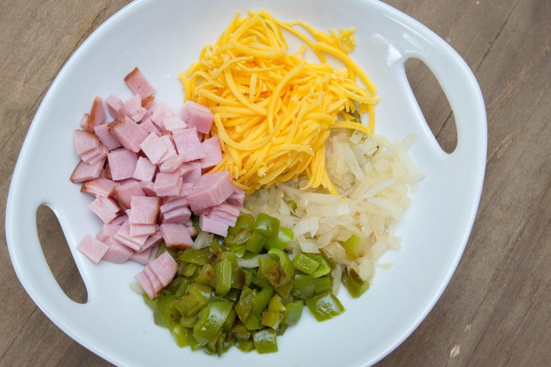 Ham, onion, green bell peppers, cheddar cheese