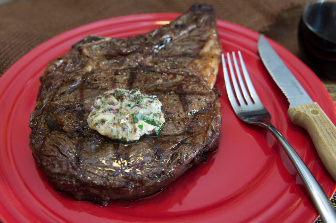 Grilled bone-in rib-eye with red wine shallot butter