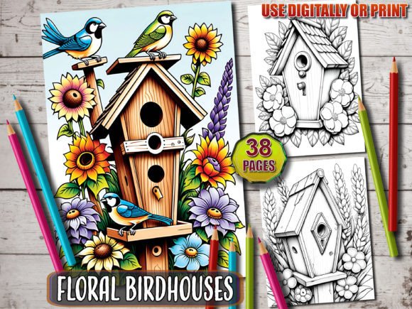 Floral Birdhouses Coloring Page