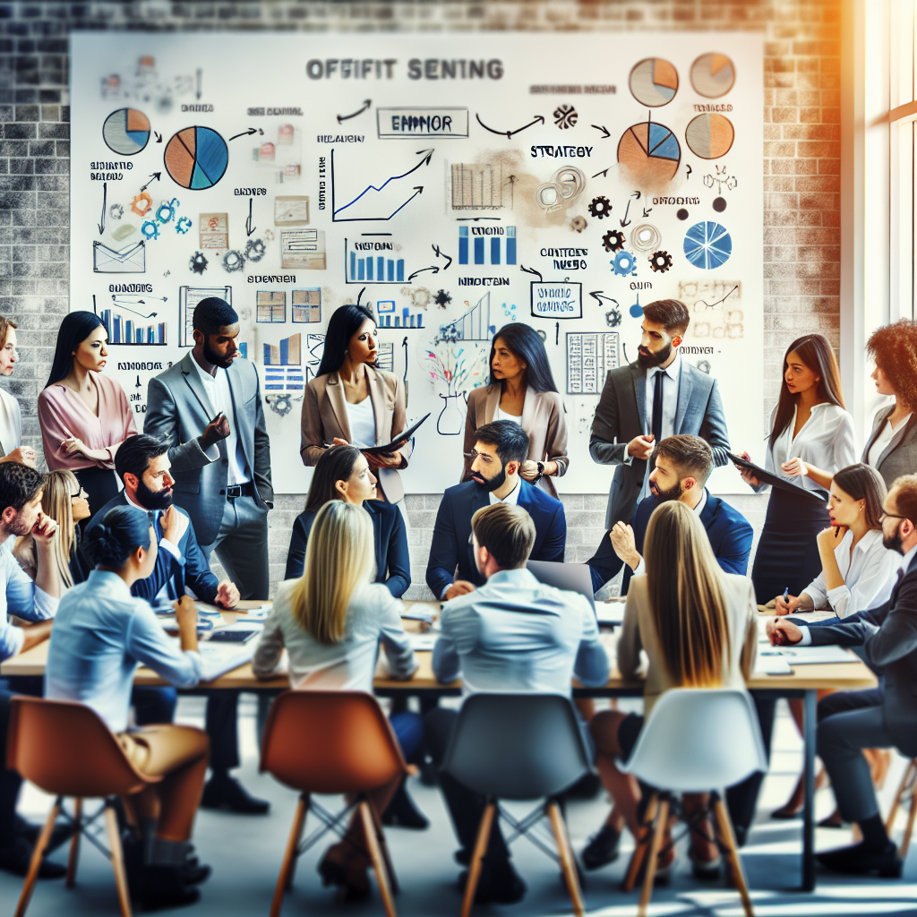Generate an image depicting a team of sales professionals in an office setting, focused on understanding client needs through collaborative discussion and strategy planning. The background should include whiteboards filled with notes and charts, showcasing a high-energy atmosphere.