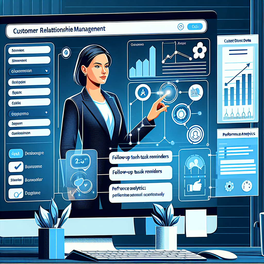 Generate an image of a digital interface with a customer relationship management (CRM) system on a computer screen. Highlight different functionalities like client data, follow-up task reminders, and performance analytics, with a business professional efficiently navigating through it.