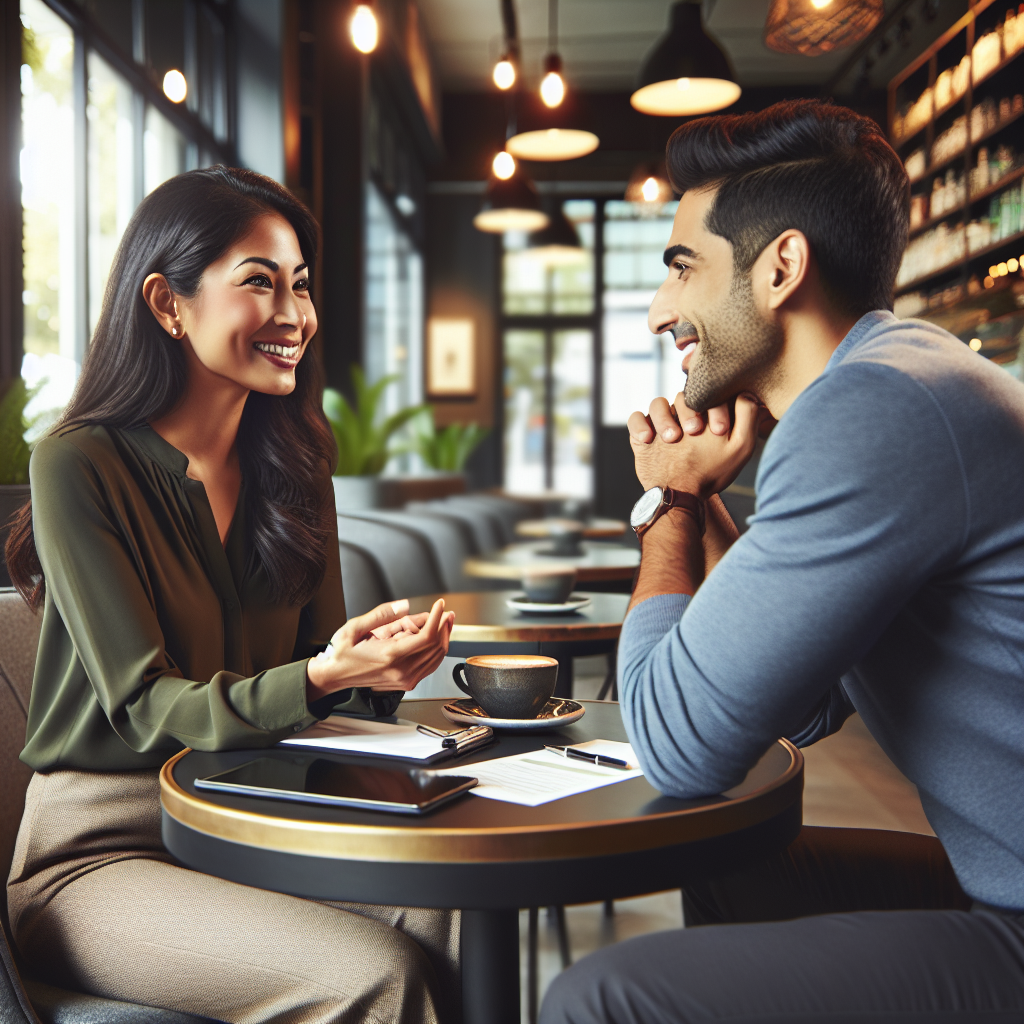 Generate an image illustrating a warm and engaging one-on-one meeting between a sales professional and a potential client in a modern coffee shop. Emphasize their friendly interaction, eye contact, and body language that suggests building a personal connection.