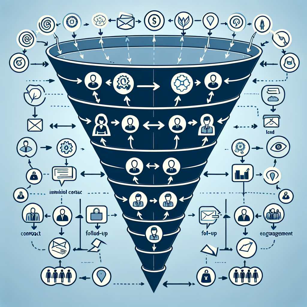 Generate an image of a sales funnel that visually shows the transformation from 'leads' to 'customers'. Include icons or representations of different sales stages such as initial contact, follow-up, engagement, and conversion, with each stage clearly marked and connected.