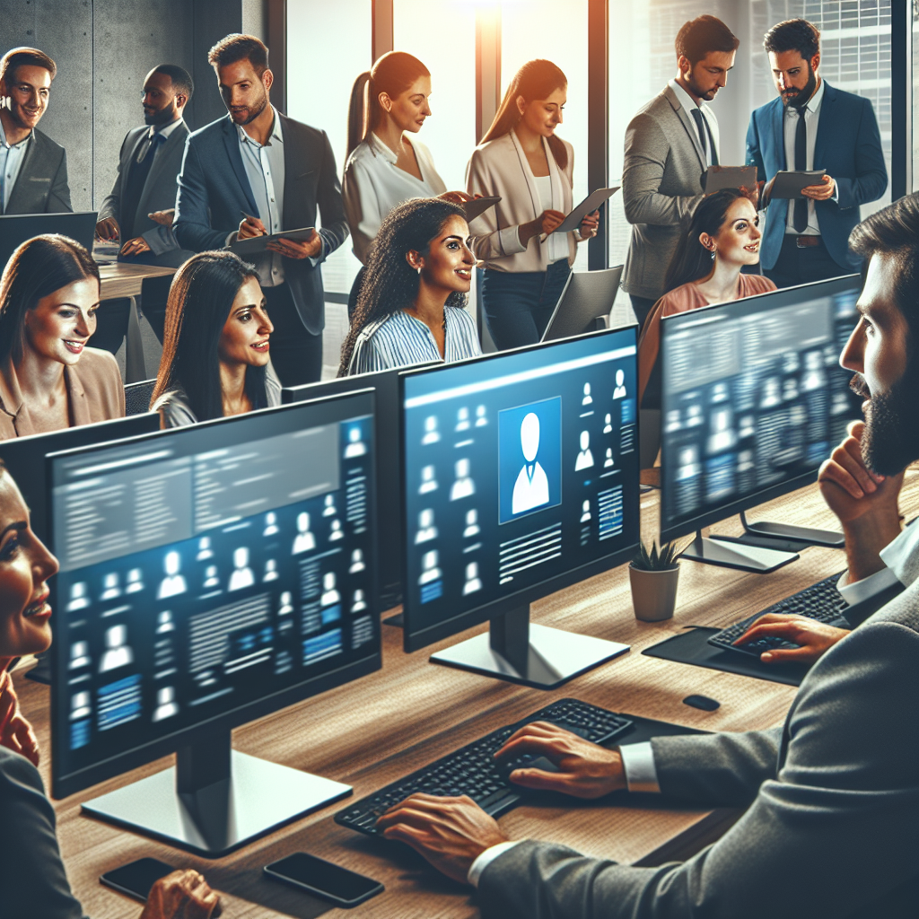 Generate an image of a vibrant office setting where recruiters are actively using LinkedIn on their computers and smartphones to connect with potential candidates. The scene should be dynamic, professional, and bustling with activity, showcasing LinkedIn profiles on screens and a diverse team collaborating.