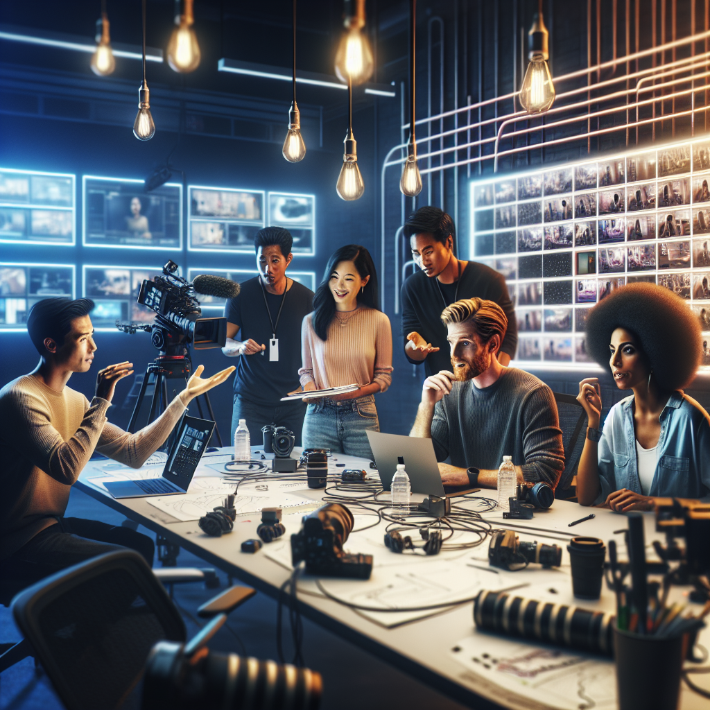 Generate an image showcasing a recruitment team creating engaging video content for YouTube. The scene should depict cameras, lighting equipment, and a creative team brainstorming and filming in a studio setting. The atmosphere should be energetic and innovative, with storyboard sketches and video editing screens in the background.