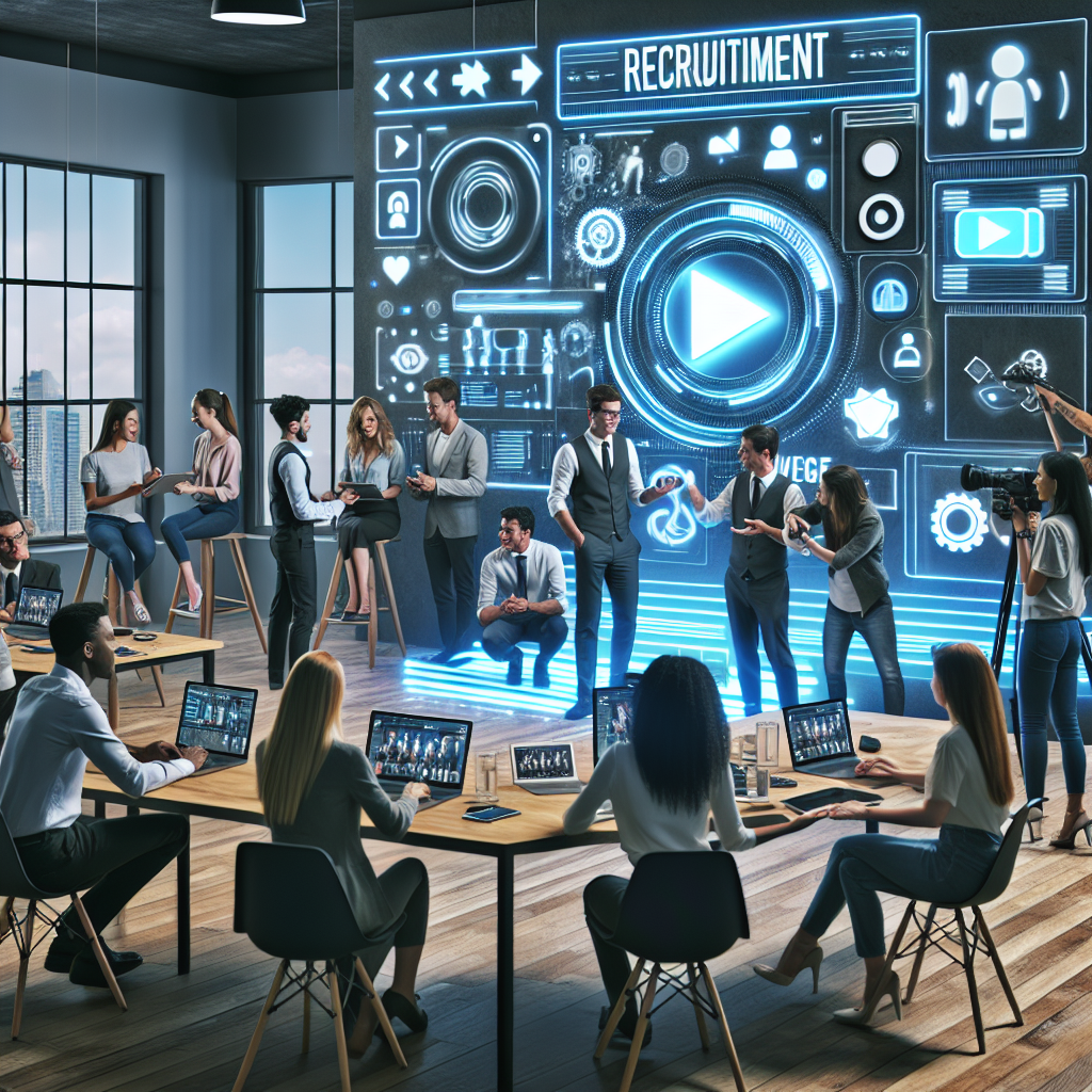 Generate an image illustrating recruiters using TikTok for recruitment. Show a vibrant and playful office environment where recruiters are making fun and creative short videos. Include elements such as smartphones, TikTok icons, and a backdrop reflecting modern and trendy aesthetics. The scene should be lively and engaging, capturing the essence of TikTok's appeal.