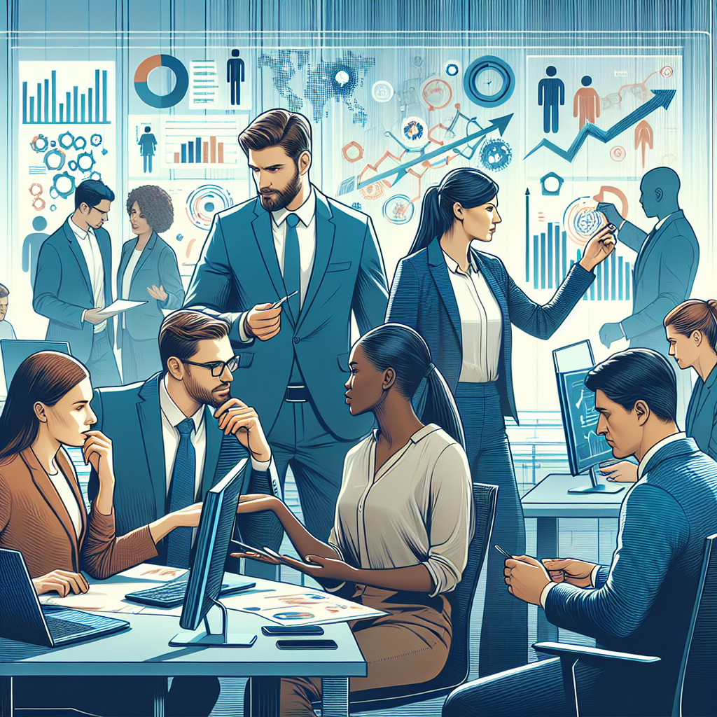 Generate an image of a corporate office space with a diverse team of professionals working together. In the background, include charts and graphs representing various recruitment metrics. The atmosphere should be dynamic and collaborative, reflecting sector-specific expertise.