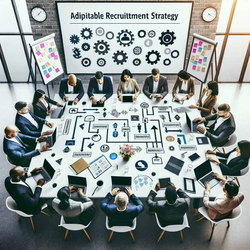 Generate an image of a flexible recruitment strategy session. Show a group of HR professionals and managers brainstorming around a large table with laptops and tablets. Include visual elements like sticky notes and flowcharts on the walls, indicating adaptive and flexible planning.