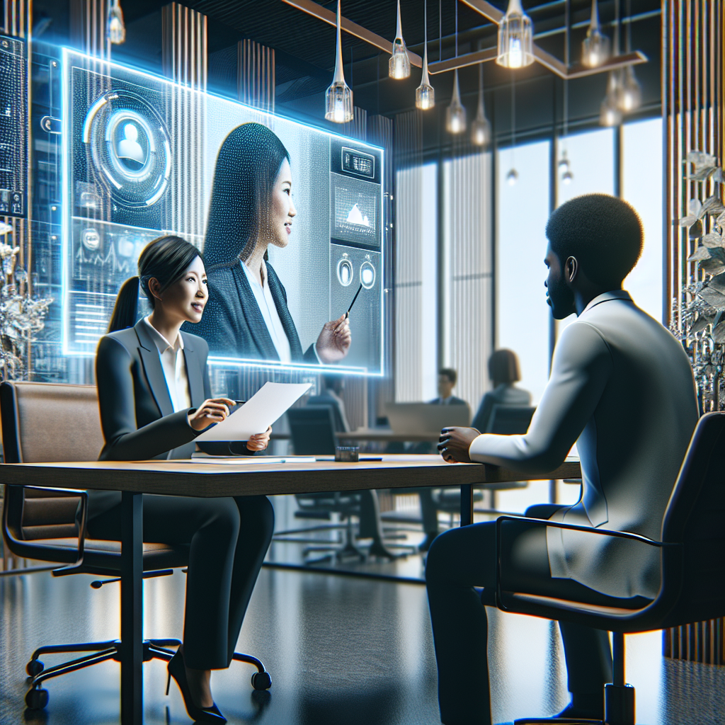 Generate an image of a balanced approach between technology and personal interaction in recruitment. Depict a recruiter conducting a virtual interview on a large screen while simultaneously engaging in a face-to-face meeting in a well-designed, high-tech office space. Include various modern gadgets and a friendly, interactive atmosphere.