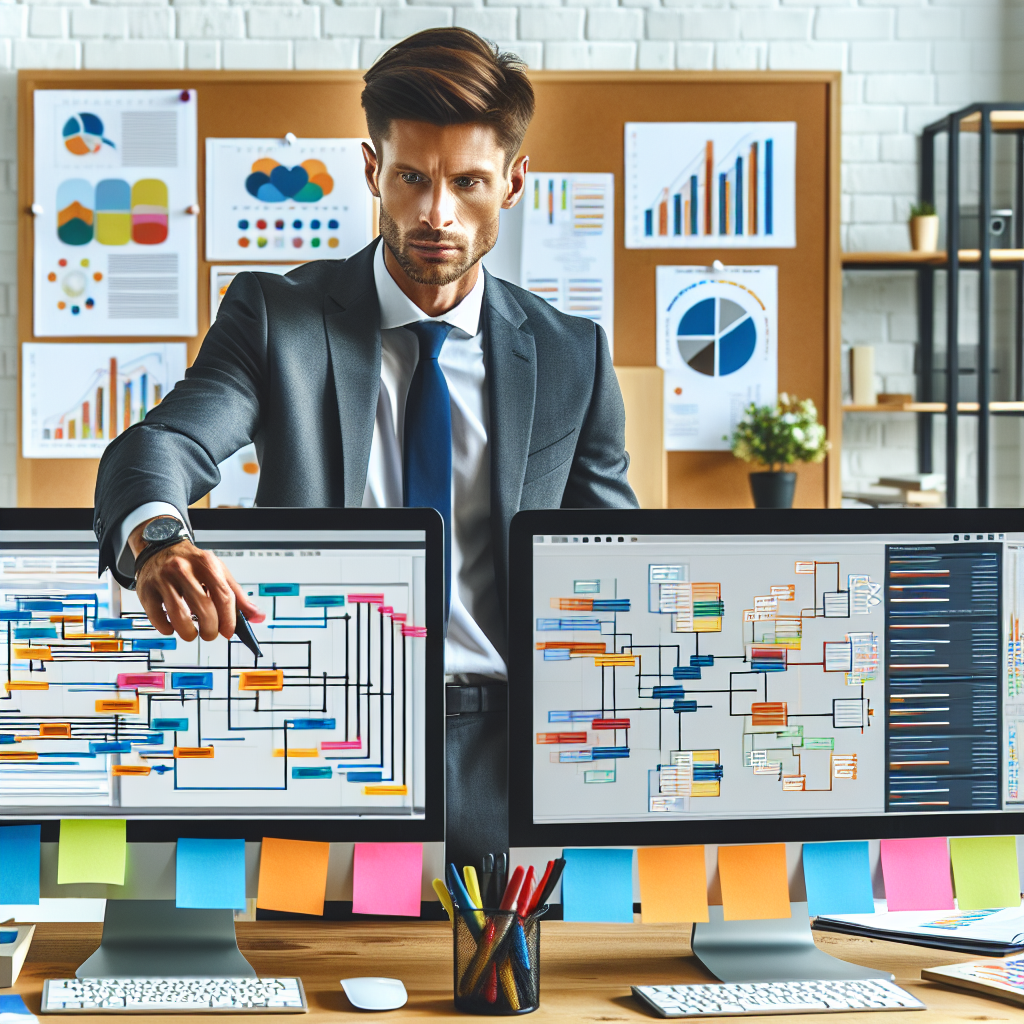 Generate an image of a modern office setting where a recruiter is efficiently managing lead information on dual computer screens. The background should show a whiteboard with organized data flow diagrams and colorful sticky notes. The recruiter looks confident and focused.