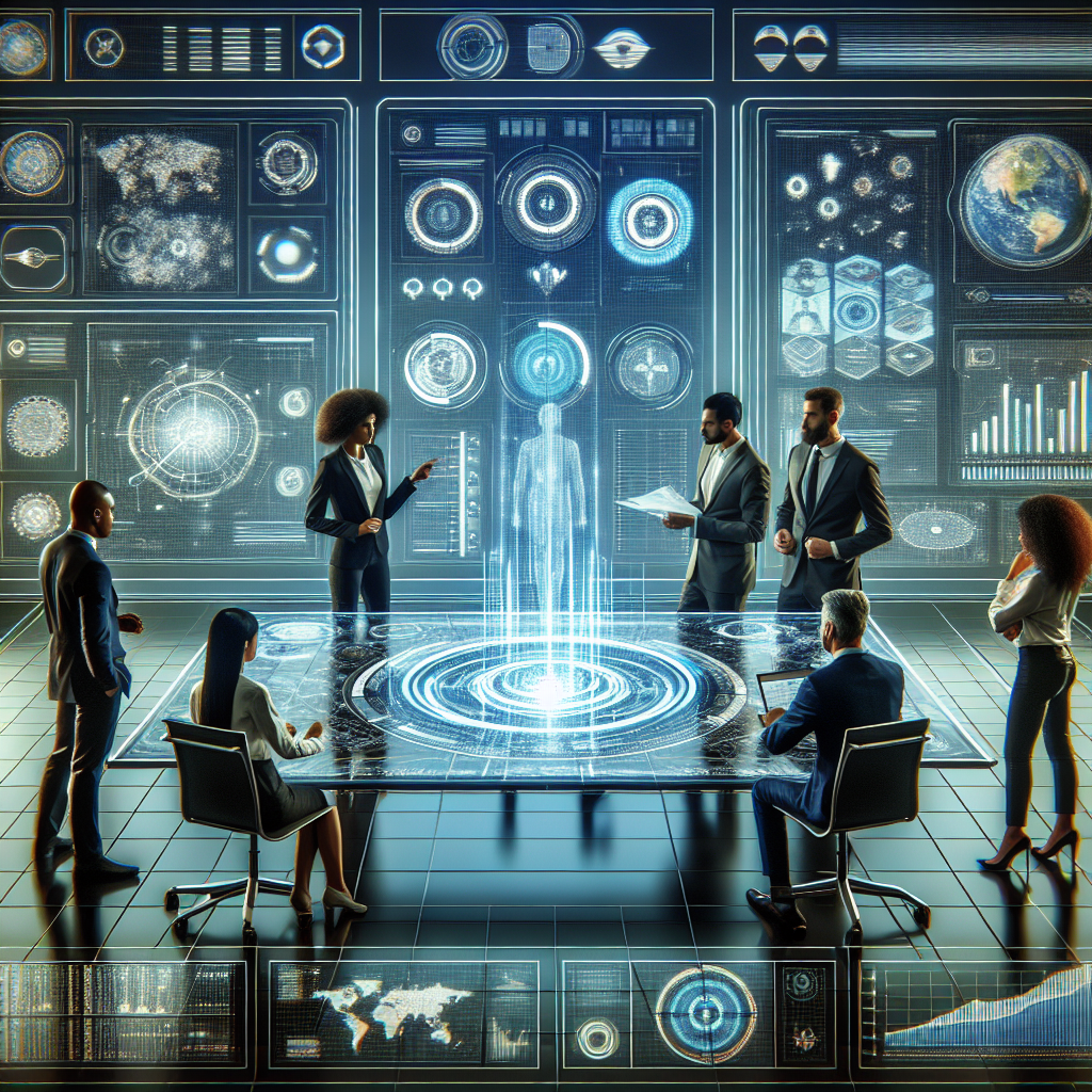 Generate an image of a futuristic recruiting dashboard showcasing advanced tools for data organization and standardization. The interface is sleek with holographic elements, graphs, and charts. A diverse team of recruiters is engaging with the dashboard, discussing strategies.
