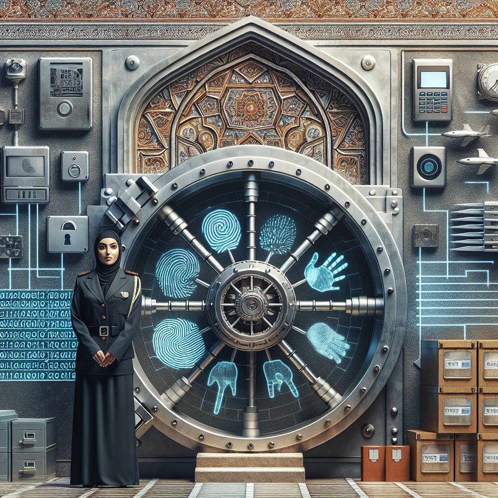 Generate an image of a secure vault representing data security in lead information management. Inside the vault, there are digital files and folders neatly arranged. The vault door has biometric security features, and a security officer stands guard outside.