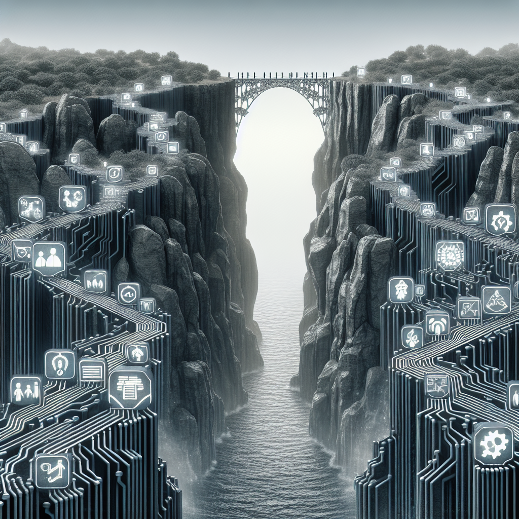 Generate an image of a bridge made of computer circuitry spanning a gap between two cliffs labeled 'recruitment challenges' and 'successful talent management'. Various icons representing data management and recruitment tools are integrated into the bridge's design.