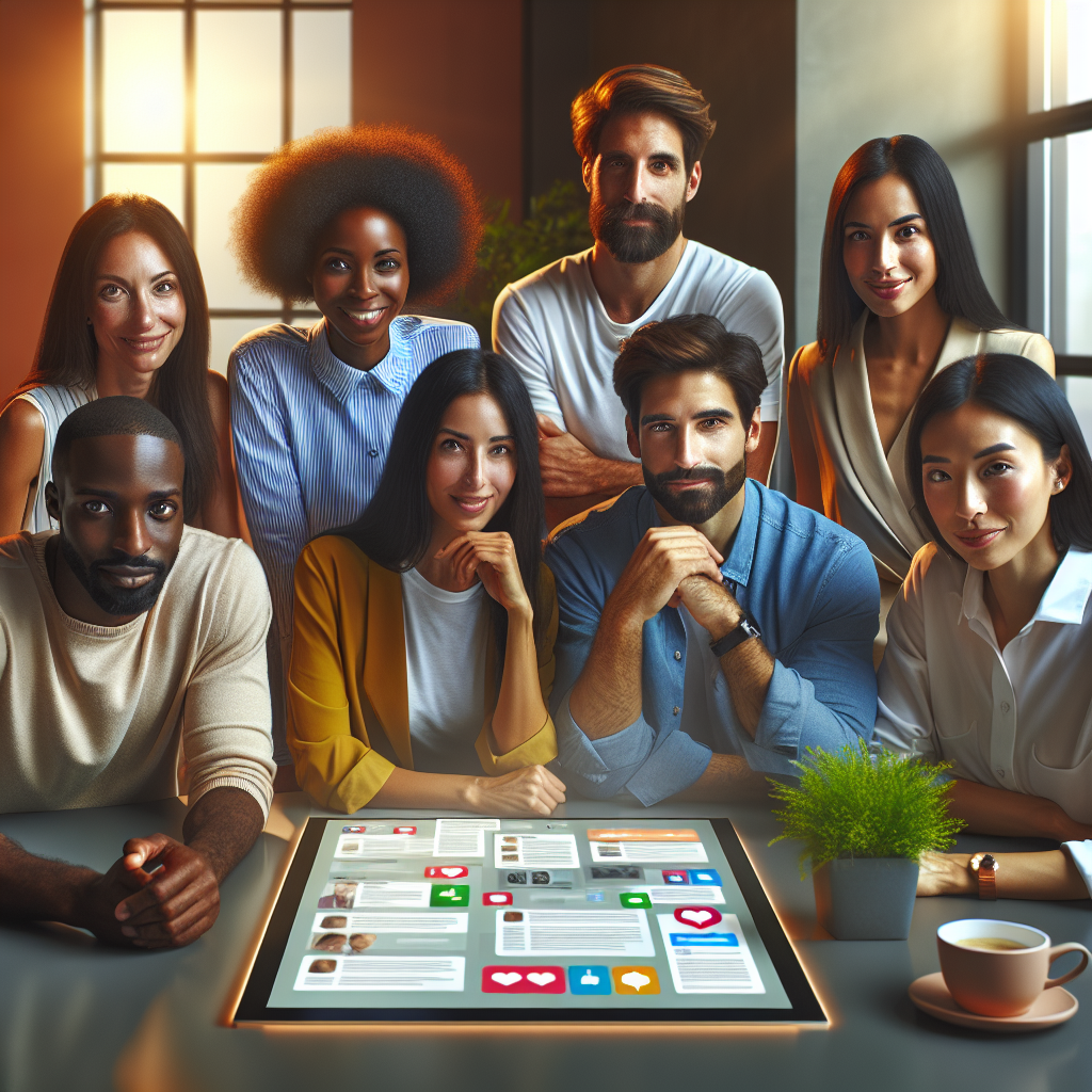 Generate an image of a diverse group of professionals sitting around a table, looking at a large screen displaying various online reviews. The atmosphere should be collaborative and modern, with smiles and a sense of teamwork. The color scheme should be bright and inviting, reflecting positivity and trust.