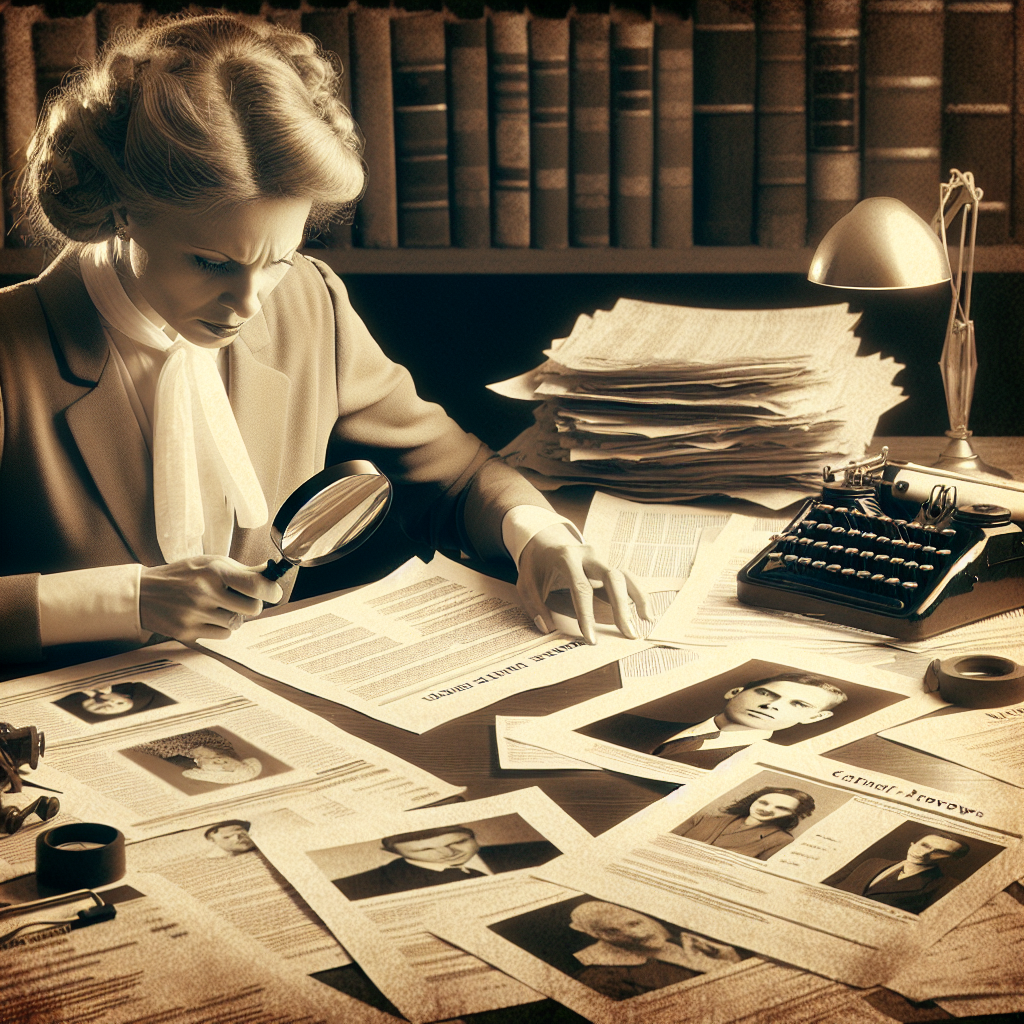 Generate an image of a recruiter holding a magnifying glass, examining printed out reviews on a desk cluttered with resumes and job applications. The scene should convey the importance of scrutinizing reviews carefully. Use a vintage, sepia tone to give it a classic, investigative feel.